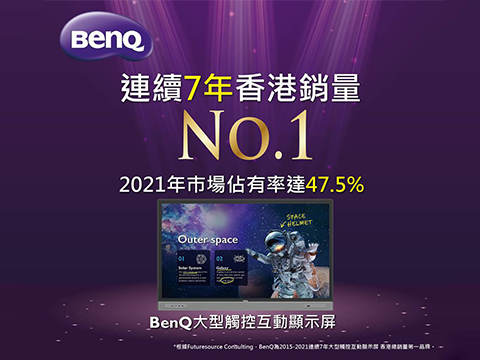 根據英國市場調查公司Futuresource Consulting Ltd的最新市場調查，BenQ大型觸控互動顯示屏於2015-2017，連續7年香港總銷量第一，而2021年市場佔有率更高達47.5%。